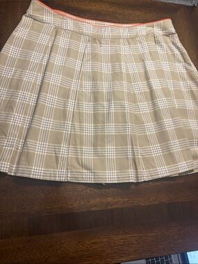 adidas Beige and White Plaid Pleated Mini Skirt with Orange Trim